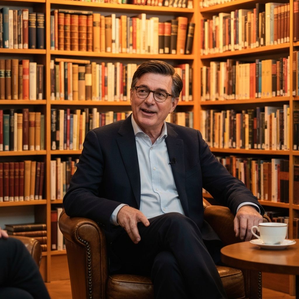 Featured author in a cozy library setting