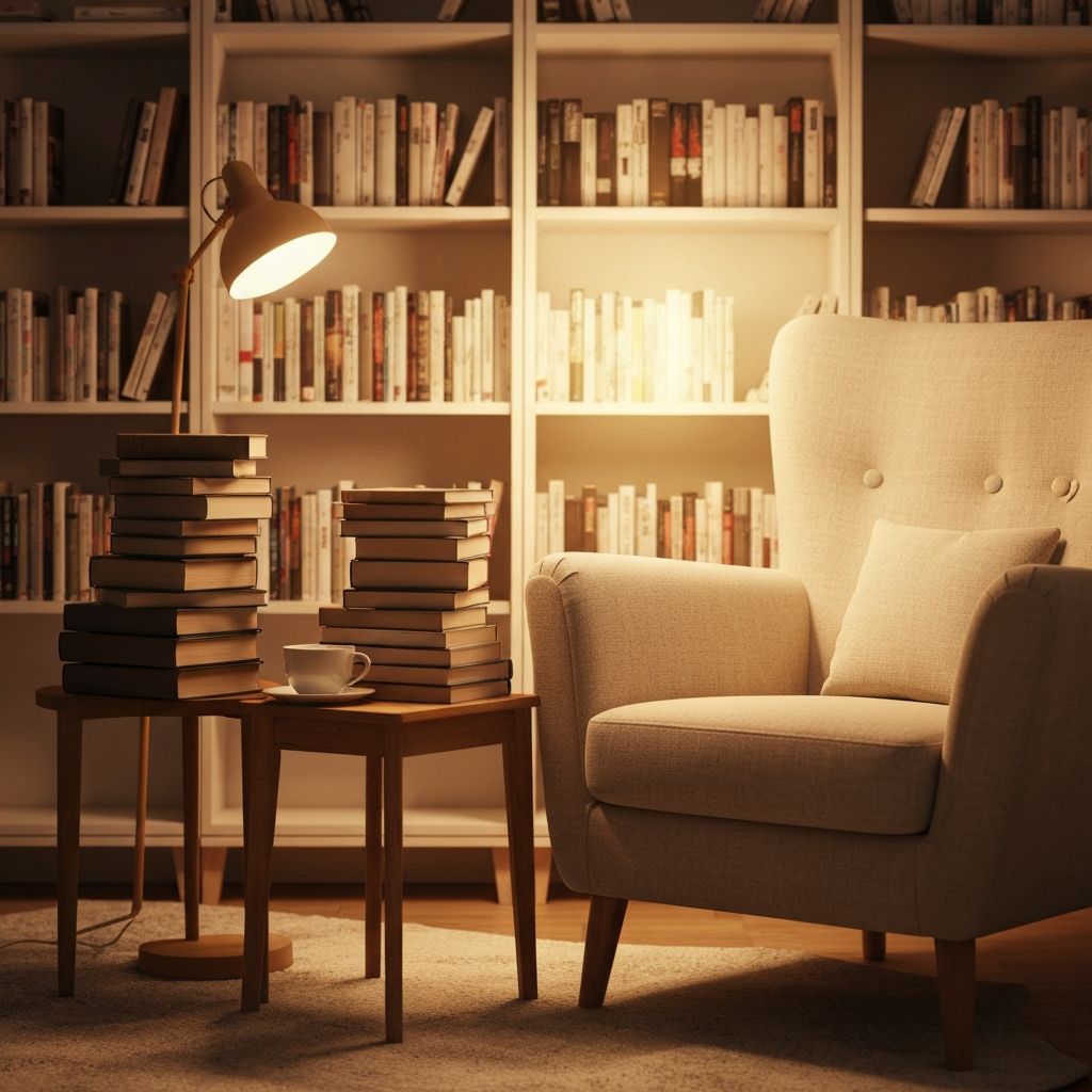 A cozy reading nook with books and warm lighting