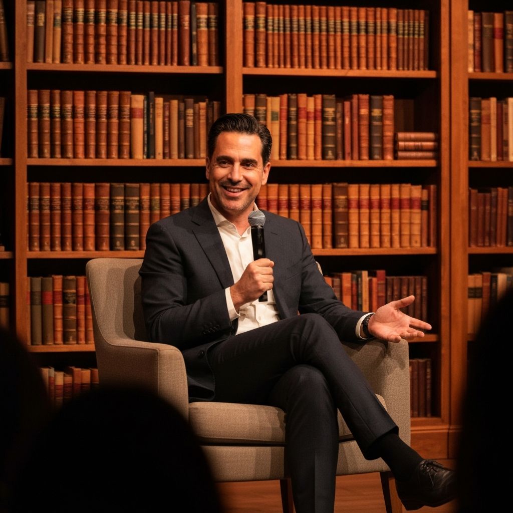 Author giving a talk in an intimate literary setting