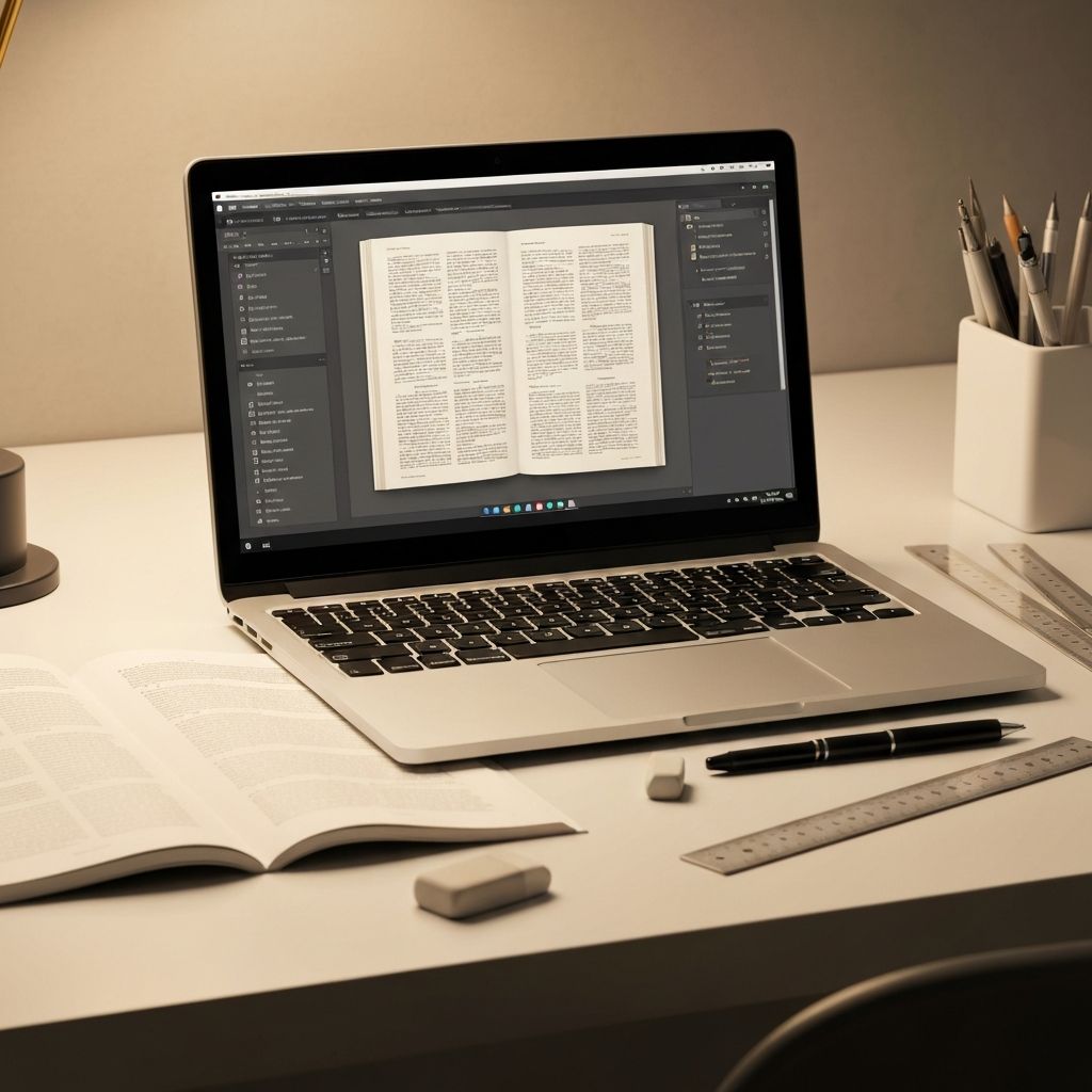 Laptop showing a formatted book layout next to a printed page