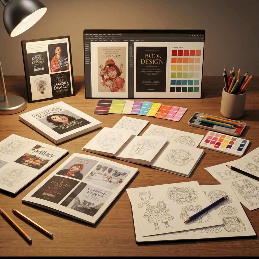 Creative workspace with book cover mockups and design tools